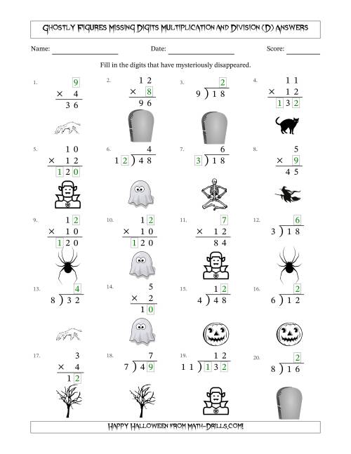 The Ghostly Figures Missing Digits Multiplication and Division (Easier Version) (D) Math Worksheet Page 2