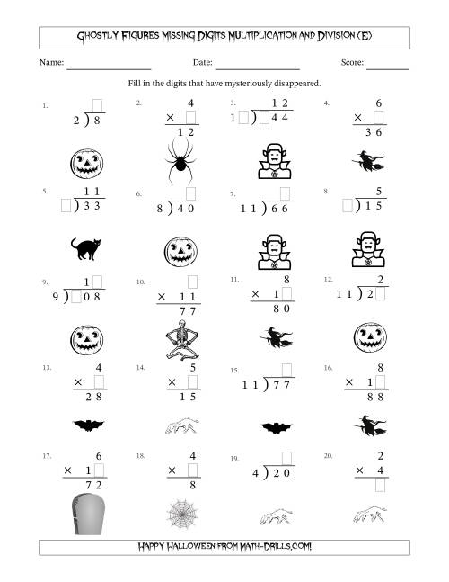 The Ghostly Figures Missing Digits Multiplication and Division (Easier Version) (E) Math Worksheet