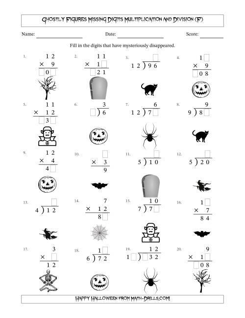 The Ghostly Figures Missing Digits Multiplication and Division (Easier Version) (F) Math Worksheet