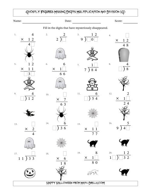 The Ghostly Figures Missing Digits Multiplication and Division (Easier Version) (G) Math Worksheet