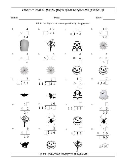 The Ghostly Figures Missing Digits Multiplication and Division (Easier Version) (I) Math Worksheet
