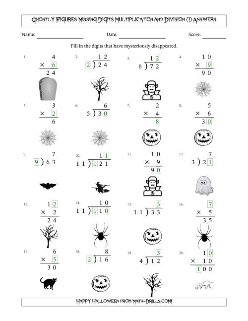 The Ghostly Figures Missing Digits Multiplication and Division (Easier Version) (I) Math Worksheet Page 2