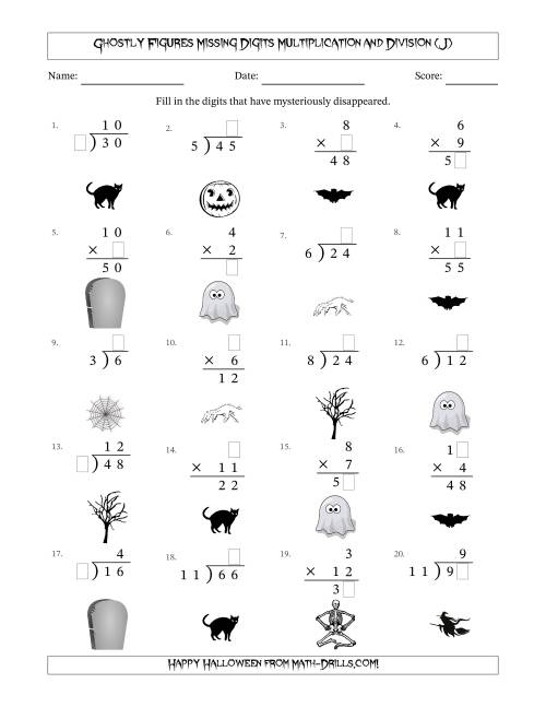 The Ghostly Figures Missing Digits Multiplication and Division (Easier Version) (J) Math Worksheet