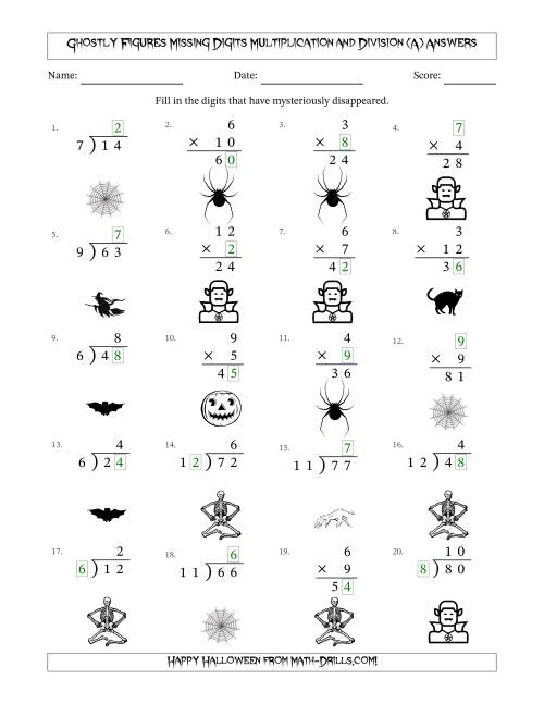 The Ghostly Figures Missing Digits Multiplication and Division (Easier Version) (All) Math Worksheet Page 2