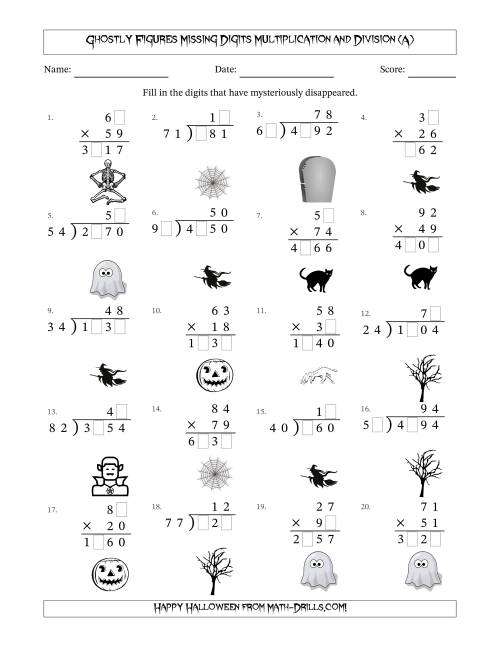 The Ghostly Figures Missing Digits Multiplication and Division (Harder Version) (A) Math Worksheet