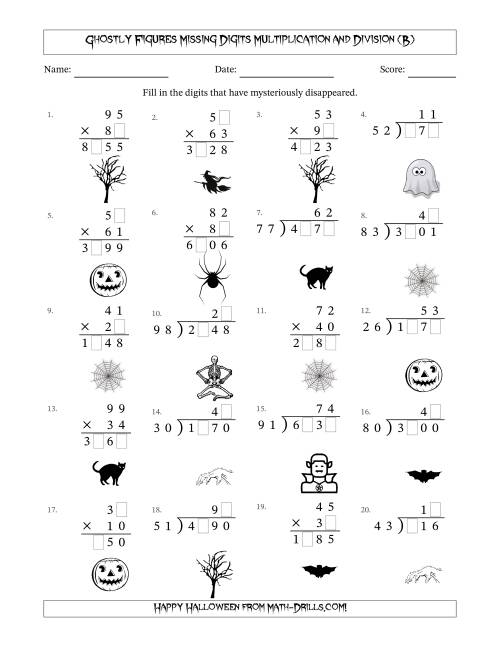 The Ghostly Figures Missing Digits Multiplication and Division (Harder Version) (B) Math Worksheet