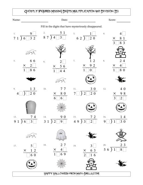 The Ghostly Figures Missing Digits Multiplication and Division (Harder Version) (D) Math Worksheet