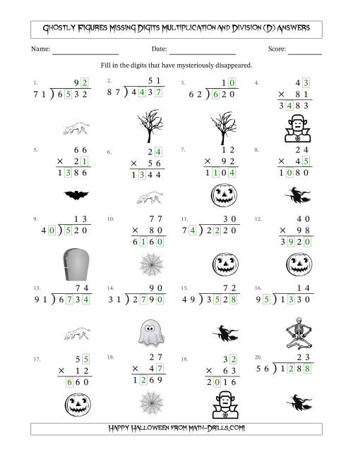 The Ghostly Figures Missing Digits Multiplication and Division (Harder Version) (D) Math Worksheet Page 2