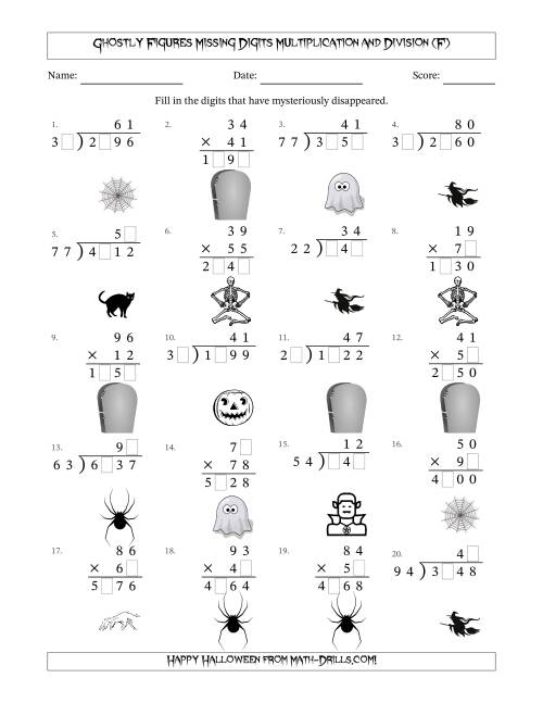The Ghostly Figures Missing Digits Multiplication and Division (Harder Version) (F) Math Worksheet