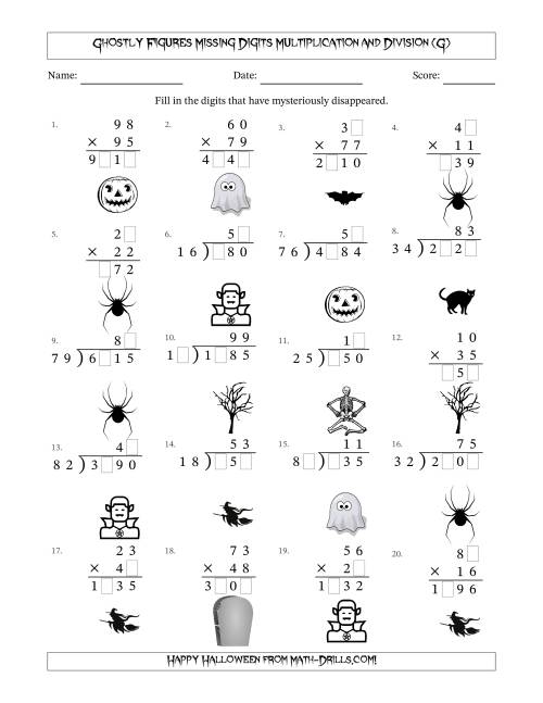 The Ghostly Figures Missing Digits Multiplication and Division (Harder Version) (G) Math Worksheet