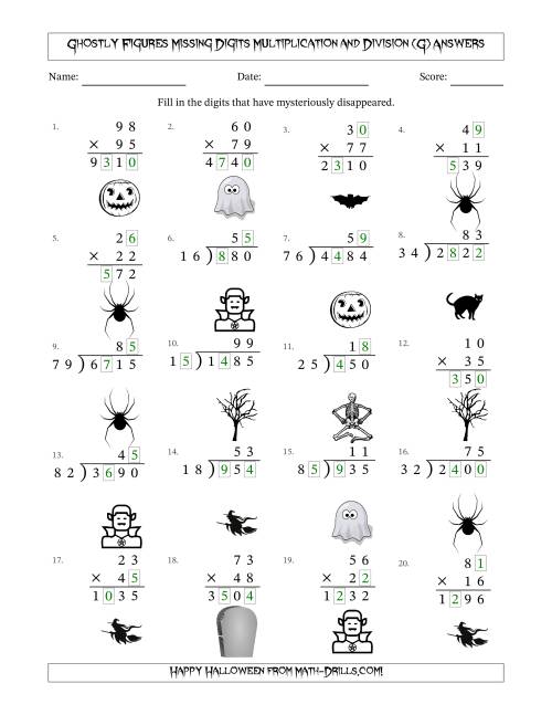 The Ghostly Figures Missing Digits Multiplication and Division (Harder Version) (G) Math Worksheet Page 2