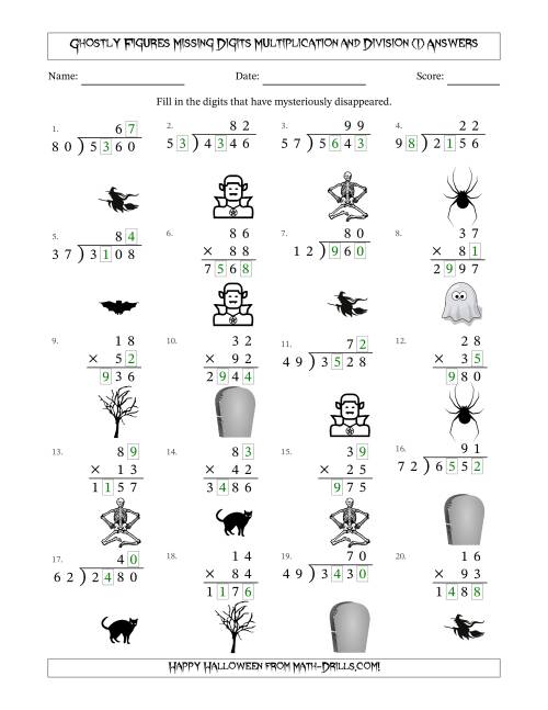 The Ghostly Figures Missing Digits Multiplication and Division (Harder Version) (I) Math Worksheet Page 2