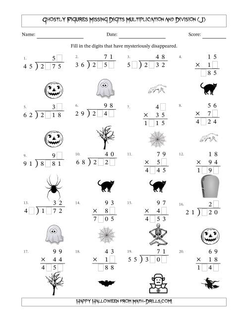 The Ghostly Figures Missing Digits Multiplication and Division (Harder Version) (J) Math Worksheet