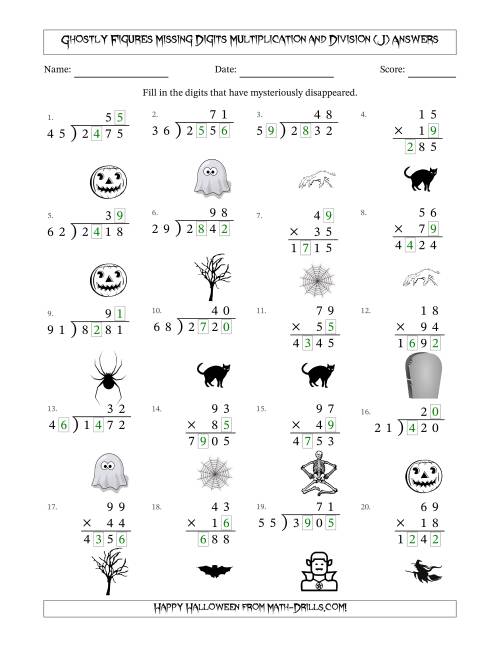 The Ghostly Figures Missing Digits Multiplication and Division (Harder Version) (J) Math Worksheet Page 2