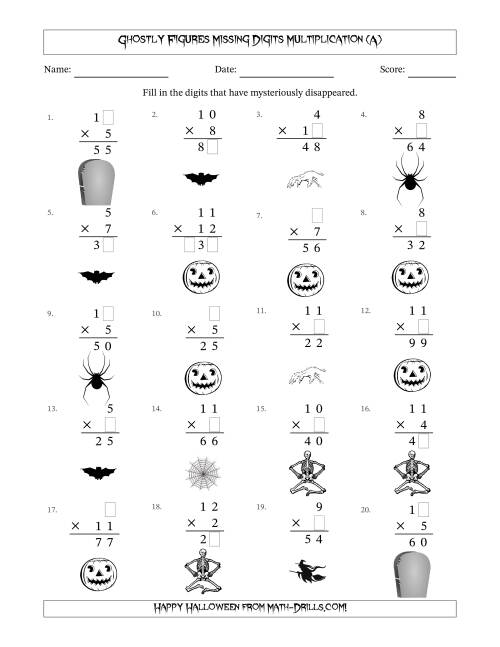 The Ghostly Figures Missing Digits Multiplication (Easier Version) (A) Math Worksheet