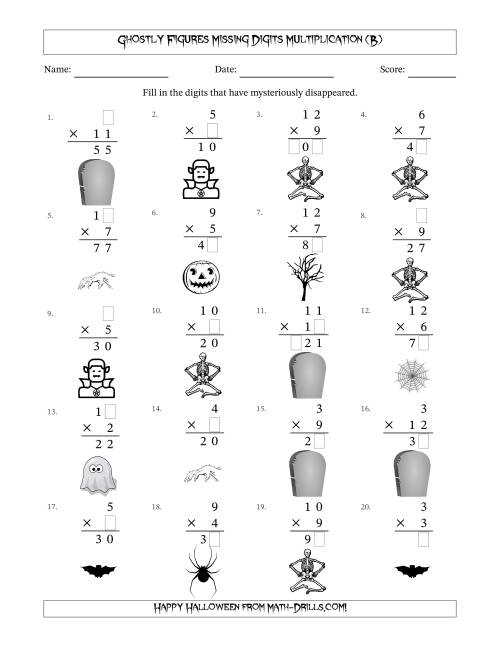 The Ghostly Figures Missing Digits Multiplication (Easier Version) (B) Math Worksheet