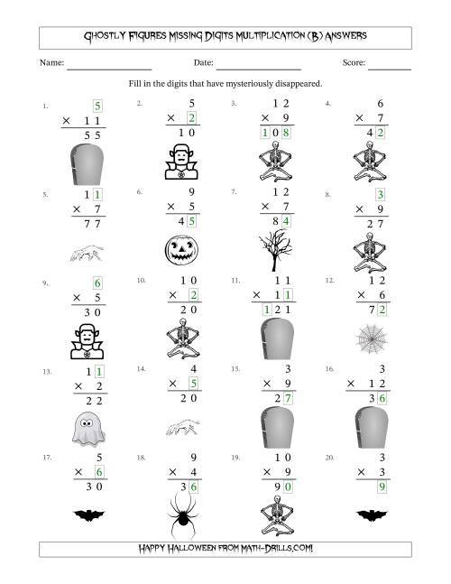 The Ghostly Figures Missing Digits Multiplication (Easier Version) (B) Math Worksheet Page 2