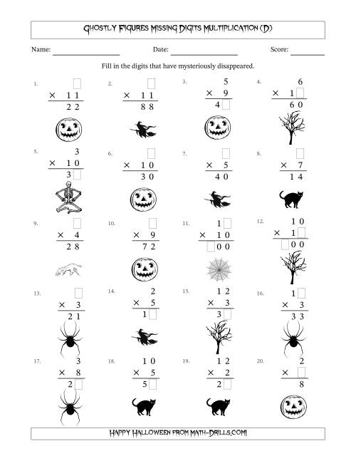 The Ghostly Figures Missing Digits Multiplication (Easier Version) (D) Math Worksheet