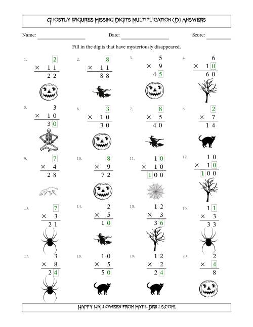 The Ghostly Figures Missing Digits Multiplication (Easier Version) (D) Math Worksheet Page 2