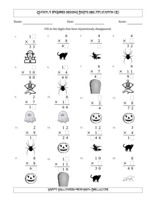 The Ghostly Figures Missing Digits Multiplication (Easier Version) (E) Math Worksheet