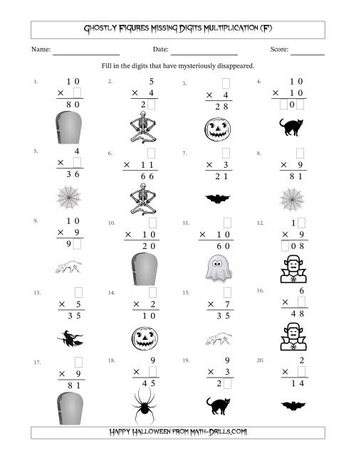 The Ghostly Figures Missing Digits Multiplication (Easier Version) (F) Math Worksheet