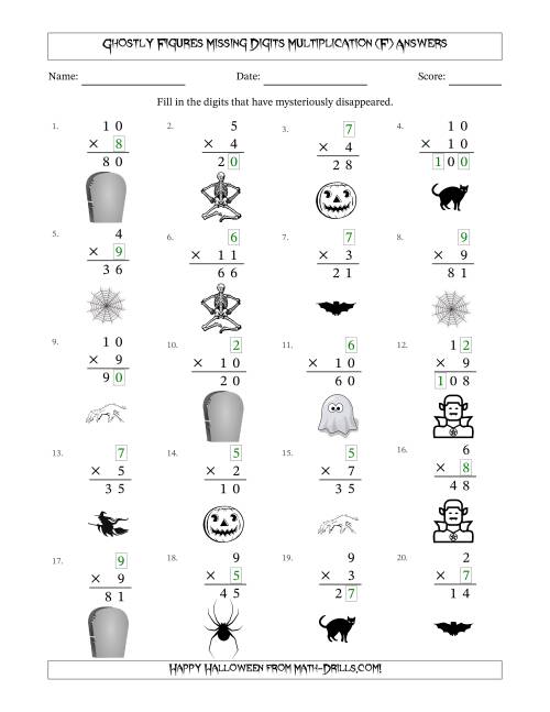The Ghostly Figures Missing Digits Multiplication (Easier Version) (F) Math Worksheet Page 2