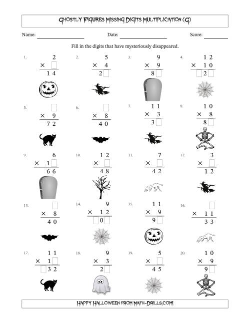 The Ghostly Figures Missing Digits Multiplication (Easier Version) (G) Math Worksheet