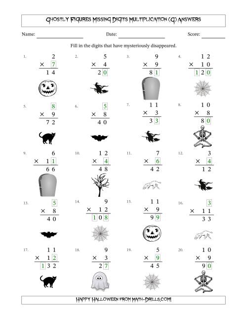 The Ghostly Figures Missing Digits Multiplication (Easier Version) (G) Math Worksheet Page 2