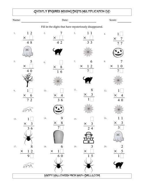 The Ghostly Figures Missing Digits Multiplication (Easier Version) (H) Math Worksheet