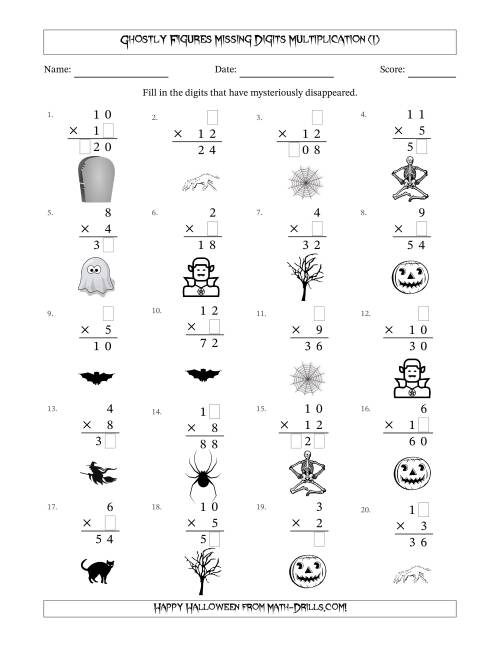 The Ghostly Figures Missing Digits Multiplication (Easier Version) (I) Math Worksheet