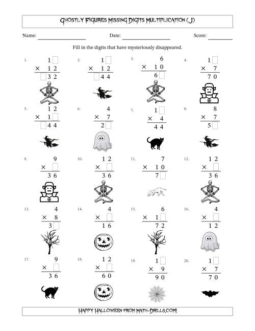 The Ghostly Figures Missing Digits Multiplication (Easier Version) (J) Math Worksheet