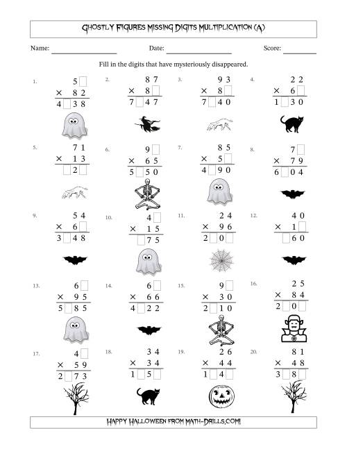 The Ghostly Figures Missing Digits Multiplication (Harder Version) (A) Math Worksheet