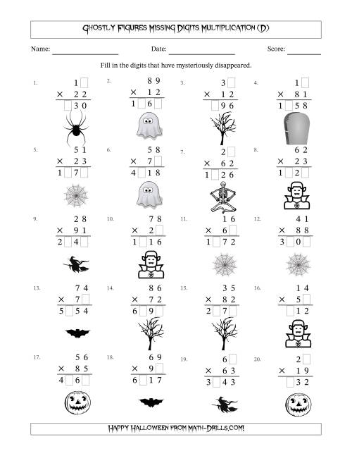 The Ghostly Figures Missing Digits Multiplication (Harder Version) (D) Math Worksheet