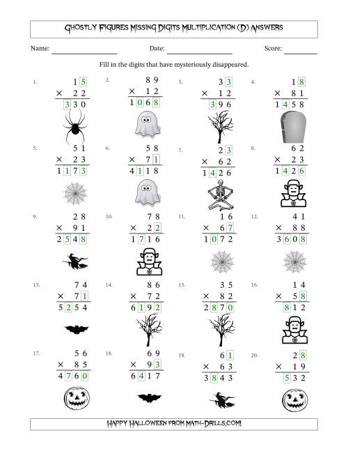 The Ghostly Figures Missing Digits Multiplication (Harder Version) (D) Math Worksheet Page 2