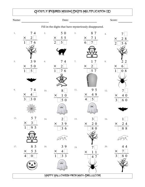 The Ghostly Figures Missing Digits Multiplication (Harder Version) (E) Math Worksheet