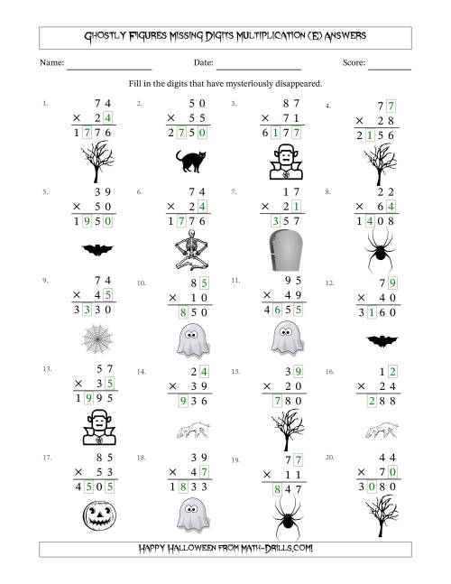 The Ghostly Figures Missing Digits Multiplication (Harder Version) (E) Math Worksheet Page 2