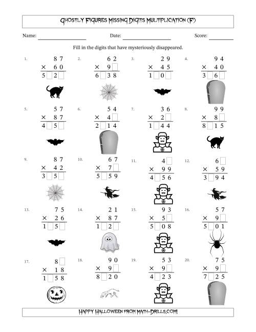 The Ghostly Figures Missing Digits Multiplication (Harder Version) (F) Math Worksheet