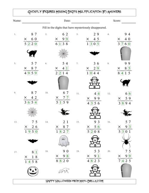 The Ghostly Figures Missing Digits Multiplication (Harder Version) (F) Math Worksheet Page 2