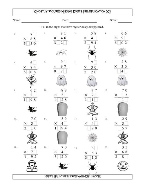 The Ghostly Figures Missing Digits Multiplication (Harder Version) (G) Math Worksheet