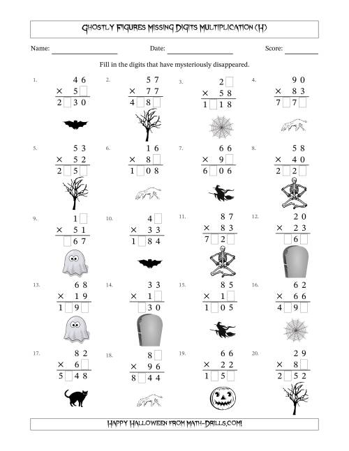 The Ghostly Figures Missing Digits Multiplication (Harder Version) (H) Math Worksheet