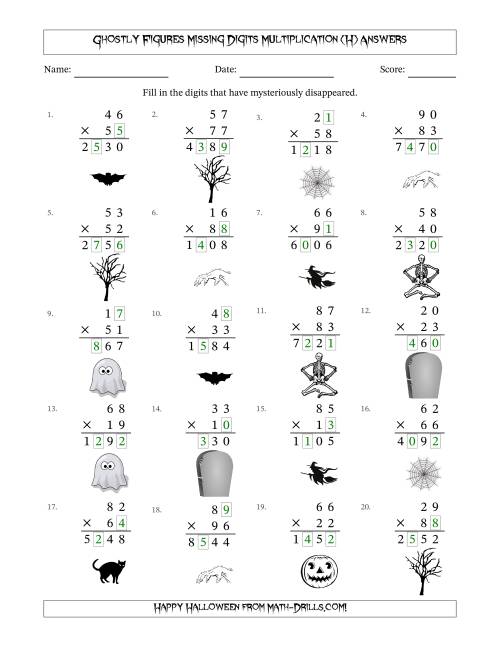 The Ghostly Figures Missing Digits Multiplication (Harder Version) (H) Math Worksheet Page 2
