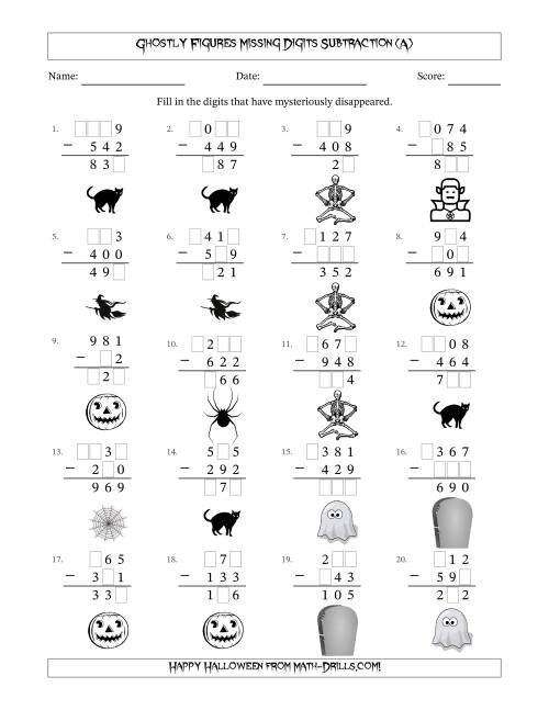 The Ghostly Figures Missing Digits Subtraction (Easier Version) (A) Math Worksheet