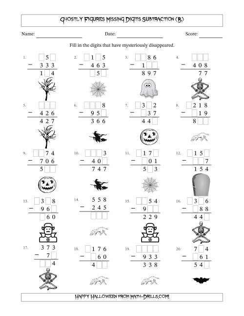 The Ghostly Figures Missing Digits Subtraction (Easier Version) (B) Math Worksheet