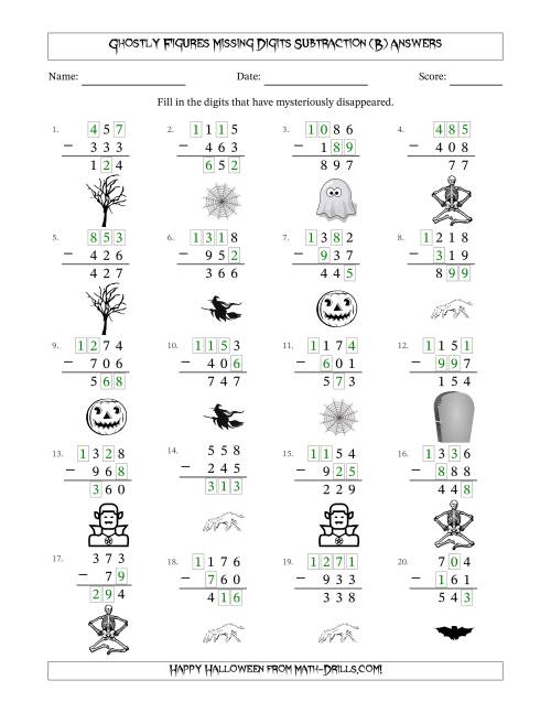 The Ghostly Figures Missing Digits Subtraction (Easier Version) (B) Math Worksheet Page 2