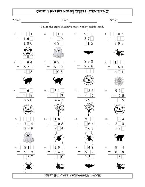 The Ghostly Figures Missing Digits Subtraction (Easier Version) (C) Math Worksheet