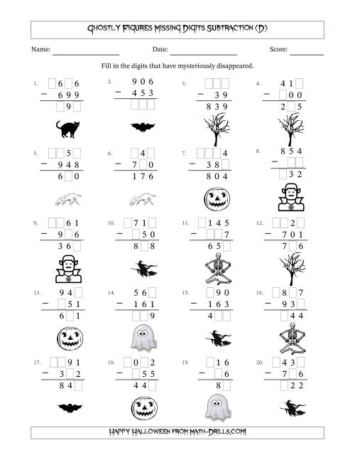 The Ghostly Figures Missing Digits Subtraction (Easier Version) (D) Math Worksheet