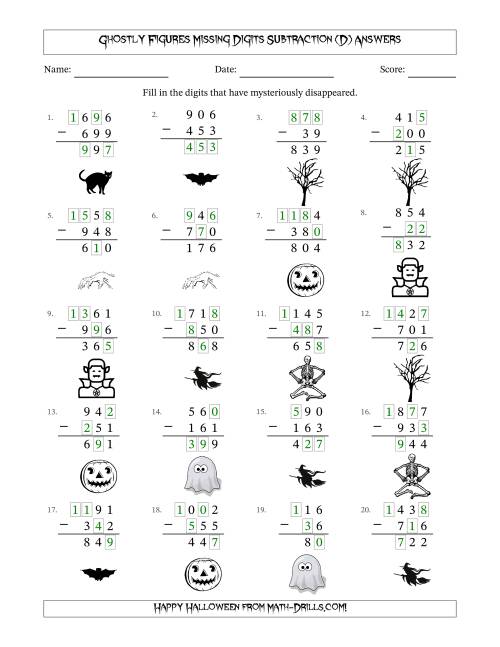 The Ghostly Figures Missing Digits Subtraction (Easier Version) (D) Math Worksheet Page 2