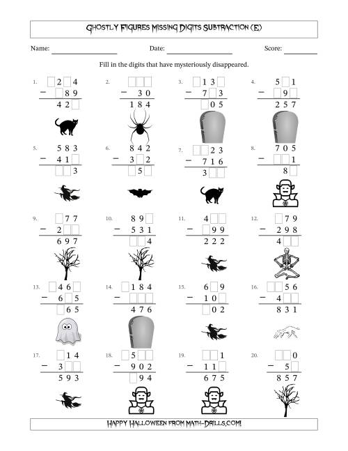 The Ghostly Figures Missing Digits Subtraction (Easier Version) (E) Math Worksheet