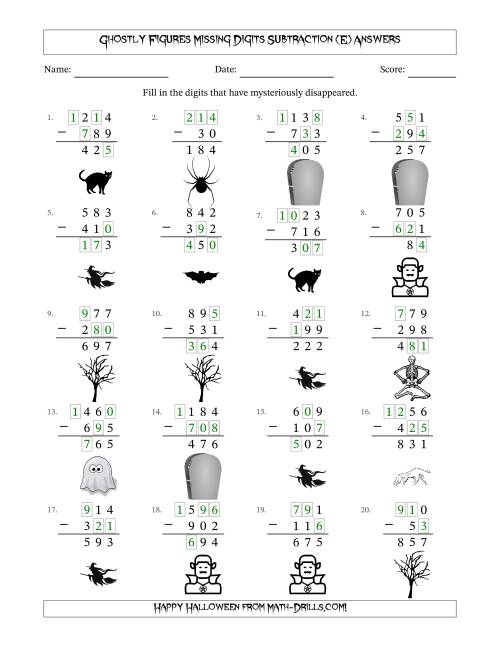 The Ghostly Figures Missing Digits Subtraction (Easier Version) (E) Math Worksheet Page 2