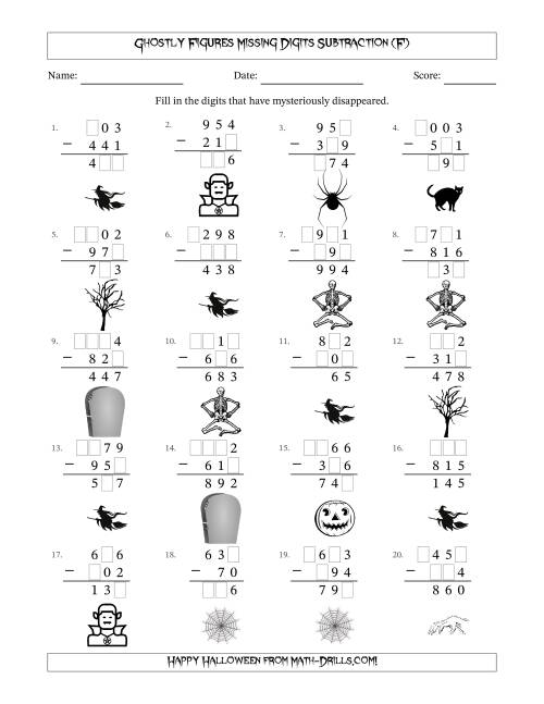 The Ghostly Figures Missing Digits Subtraction (Easier Version) (F) Math Worksheet